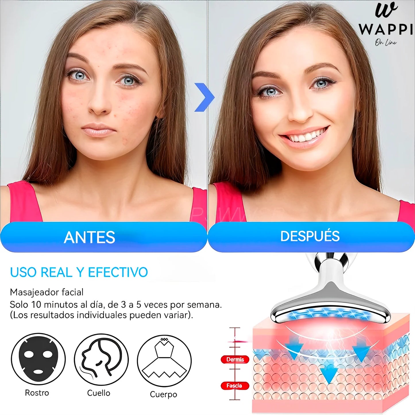 Masajeador Facial y de Cuello LED 3 en 1 – Reafirma, Rejuvenece y Relaja Desde Casa ✨