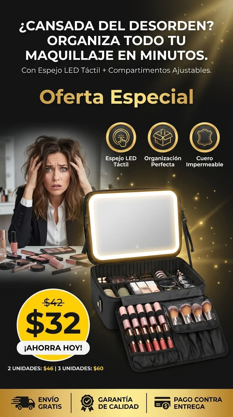 Cosmetiquera con espejo LED abierta