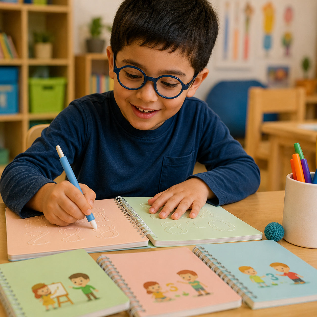 Niño usando el cuaderno de caligrafia